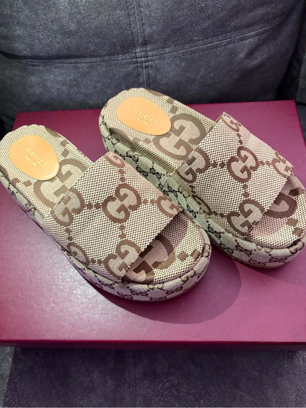 Gucci Beige & Brown Monogram Platform Slide Mules